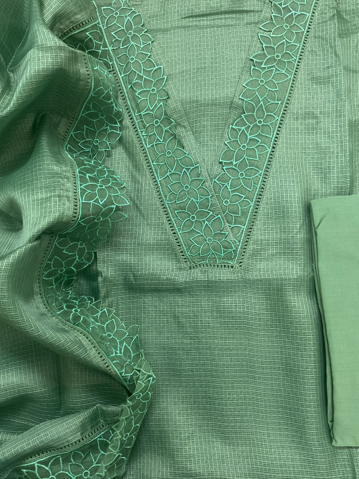 Soft Kota Silk Embroidered Suit - Green