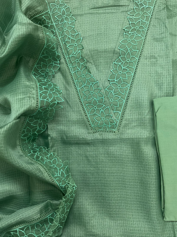 Image of Soft Kota Silk Embroidered Suit - Green