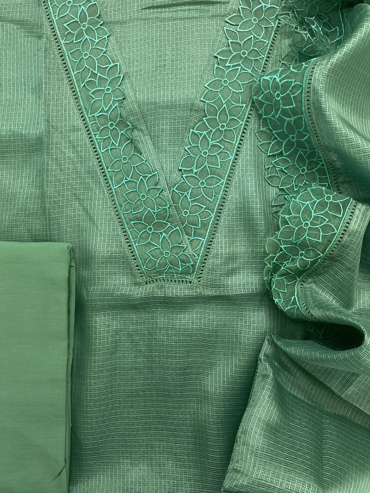 Soft Kota Silk Embroidered Suit - Green