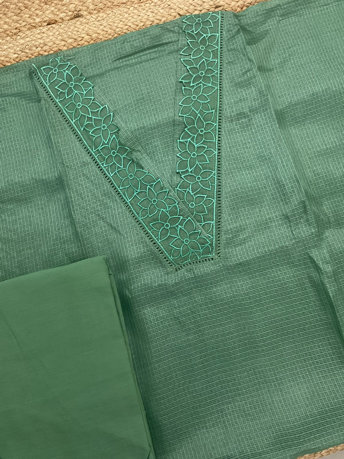 Soft Kota Silk Embroidered Suit - Green