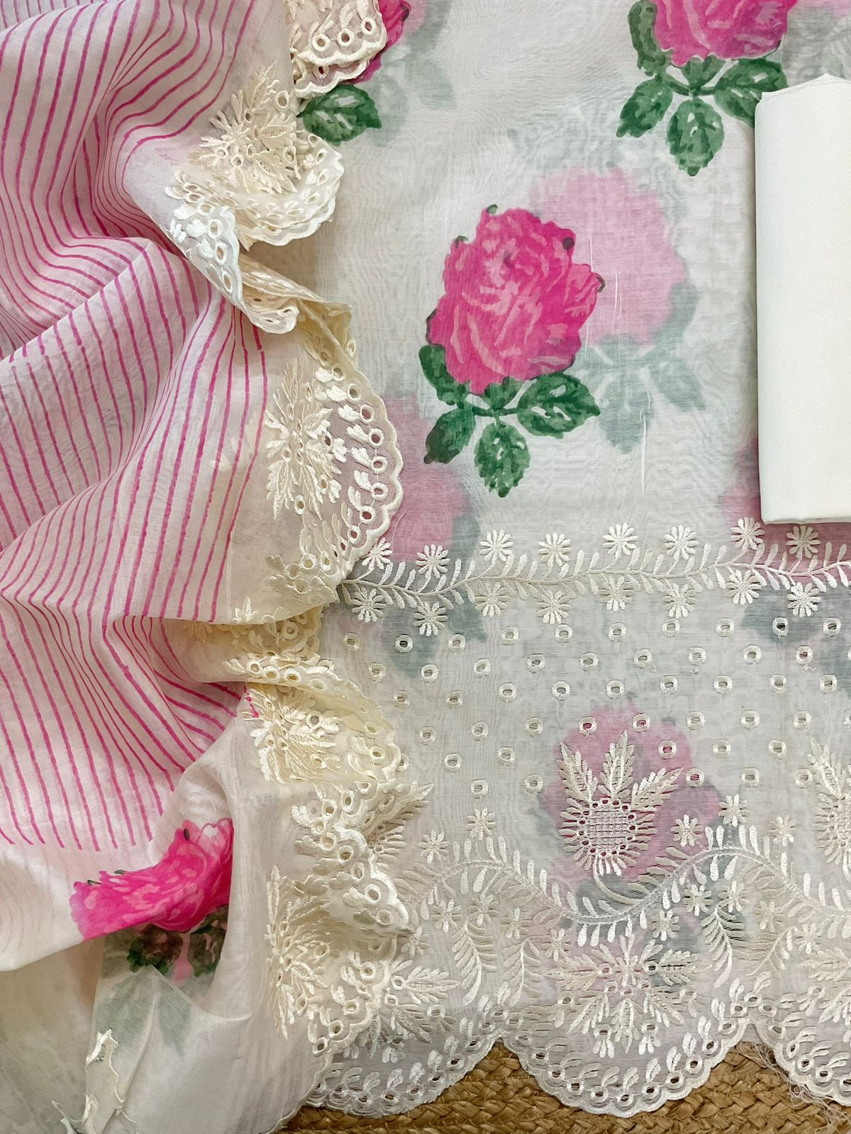 Pure Mul Chanderi Printed Embroidered Suit - Off White