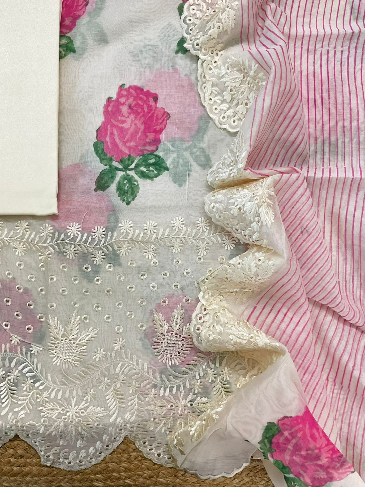 Pure Mul Chanderi Printed Embroidered Suit - Off White