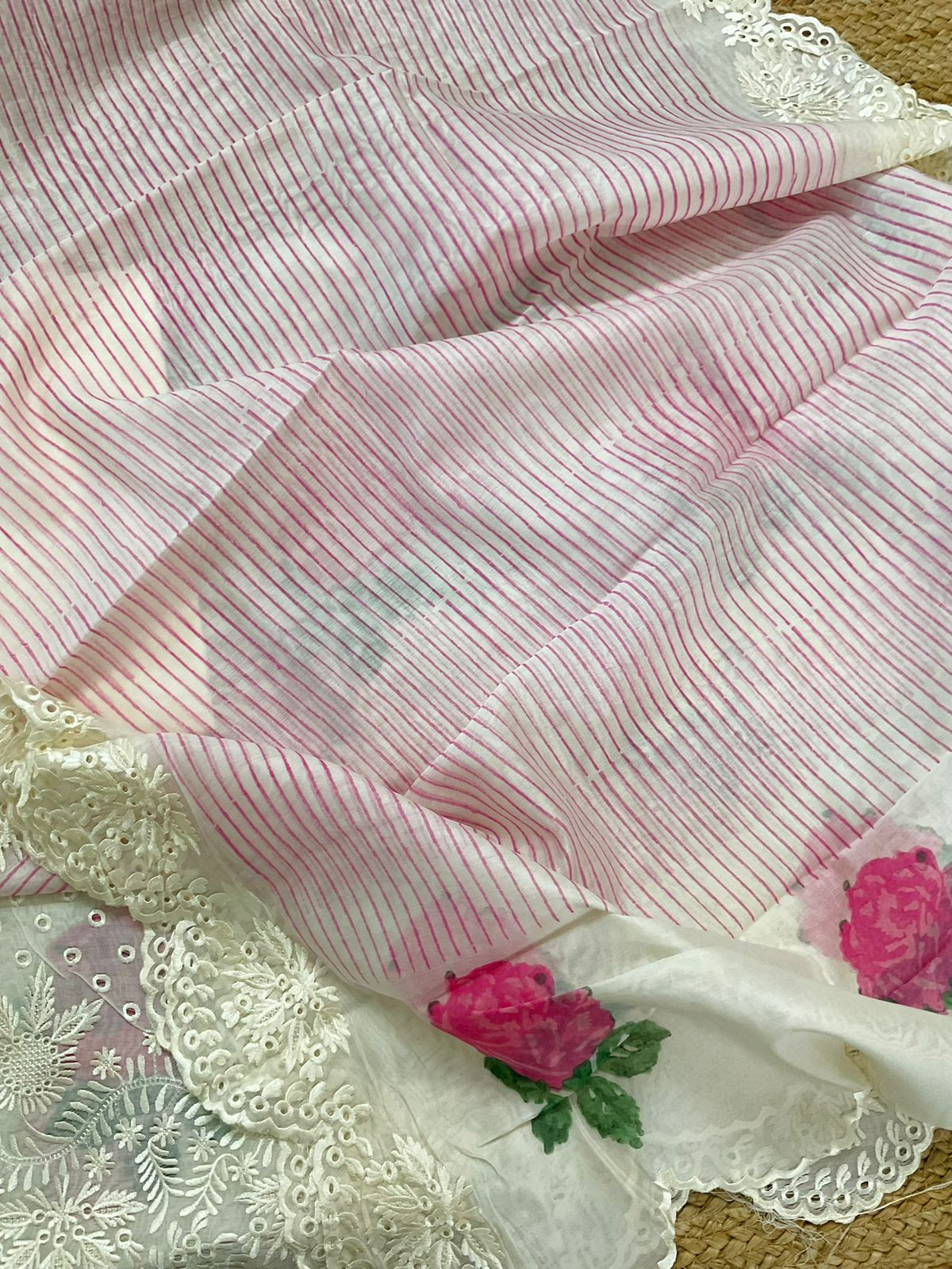 Pure Mul Chanderi Printed Embroidered Suit - Off White