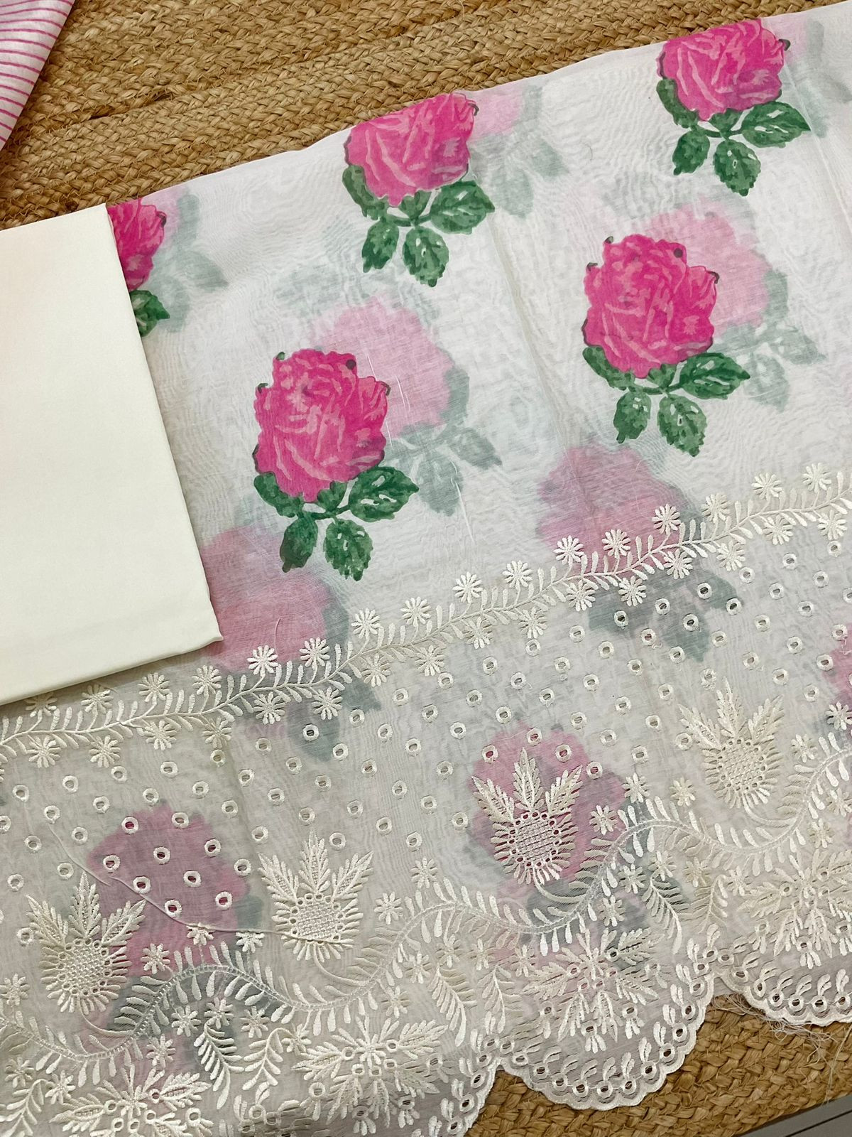 Pure Mul Chanderi Printed Embroidered Suit - Off White