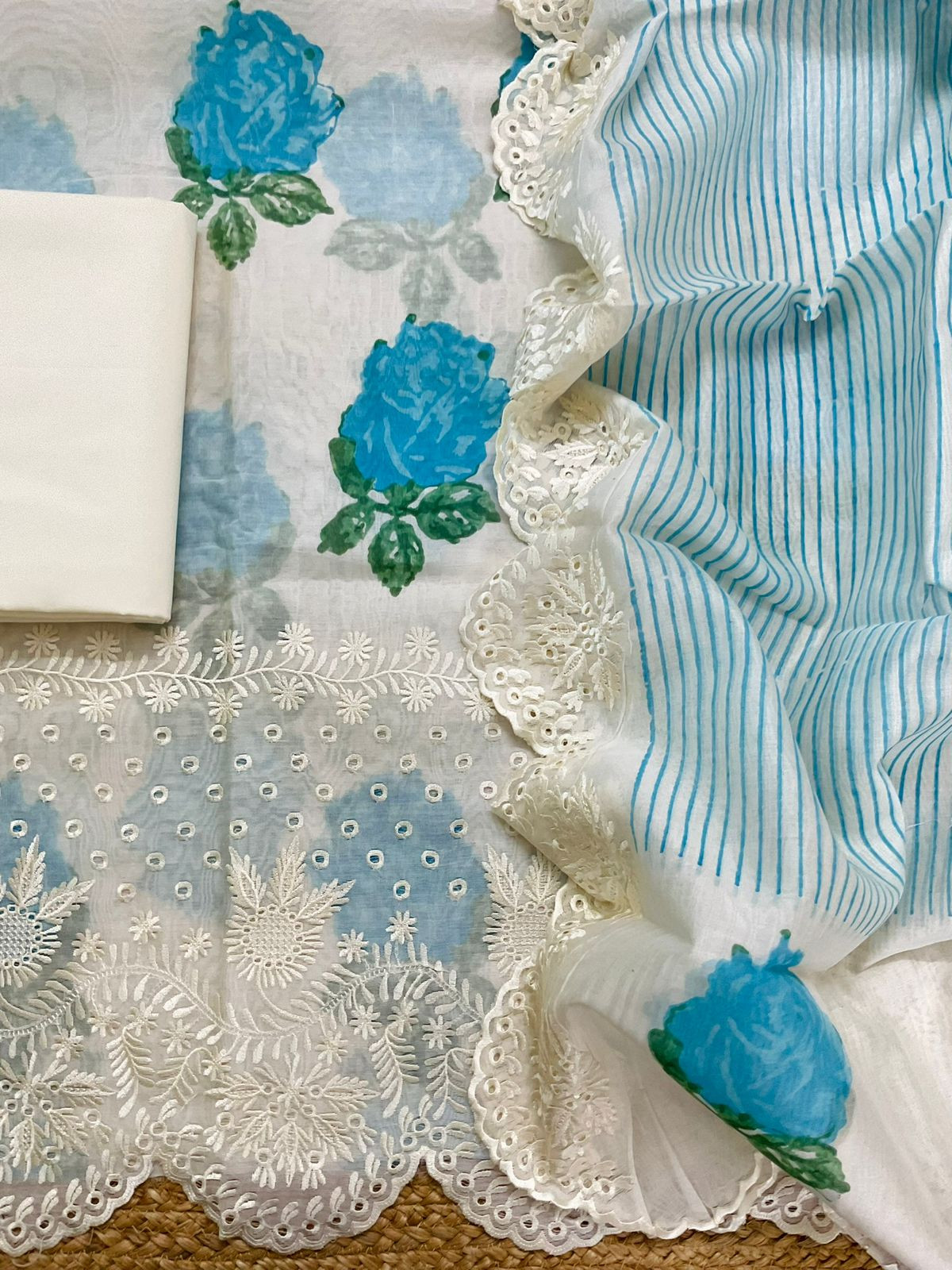 Pure Mul Chanderi Printed Embroidered Suit - Off White