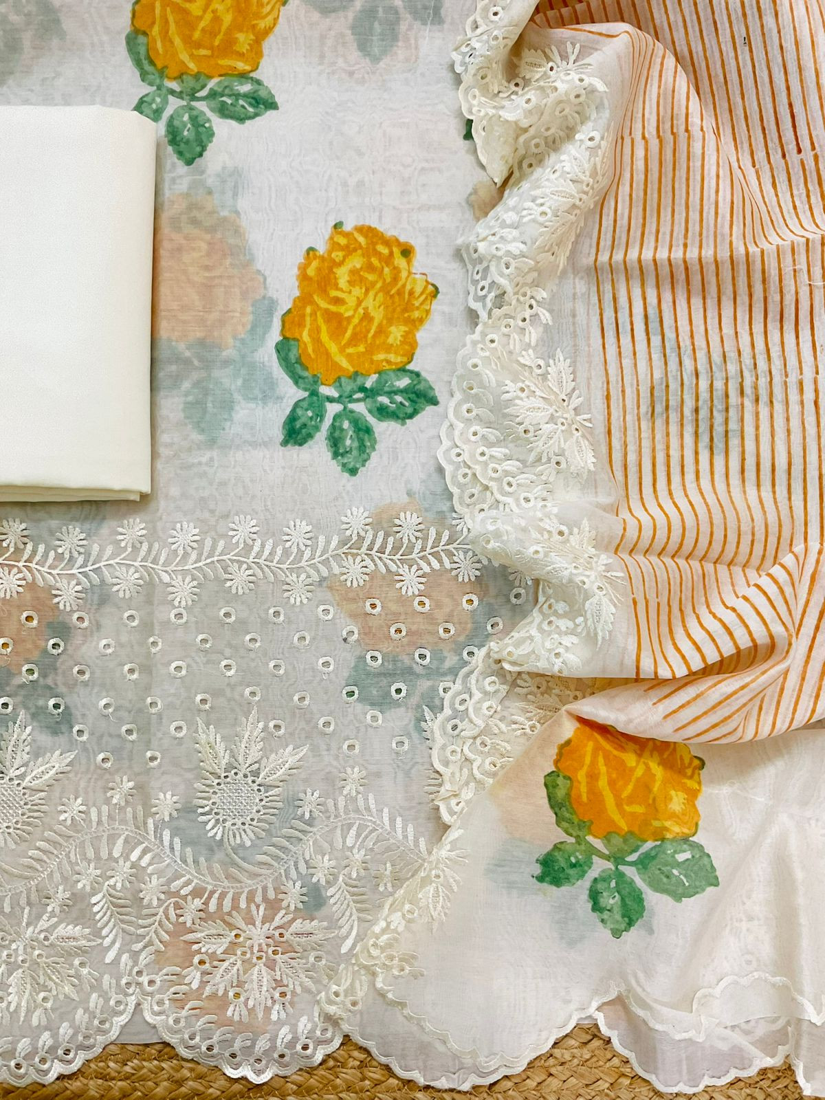 Pure Mul Chanderi Printed Embroidered Suit - Off White