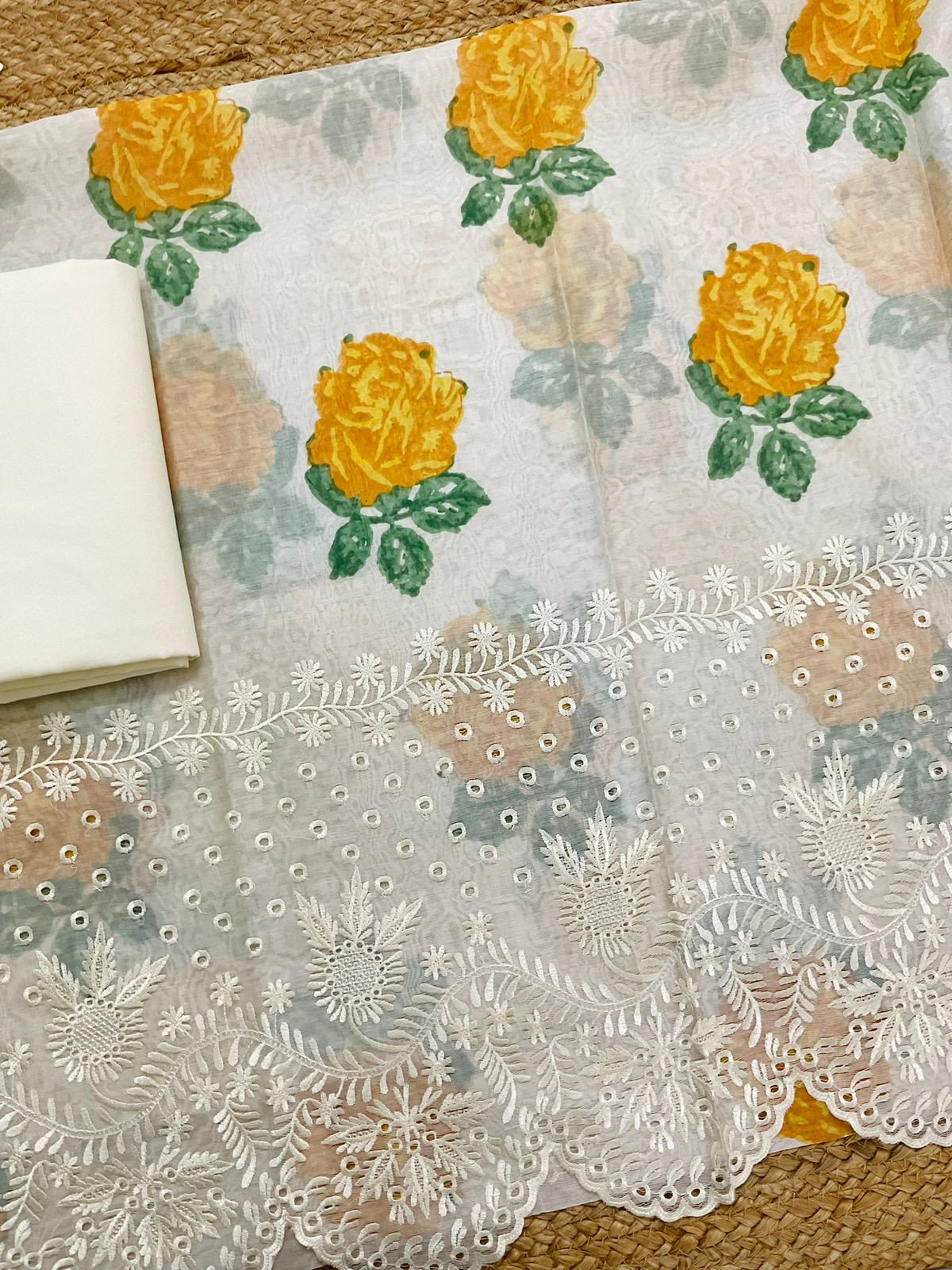 Pure Mul Chanderi Printed Embroidered Suit - Off White