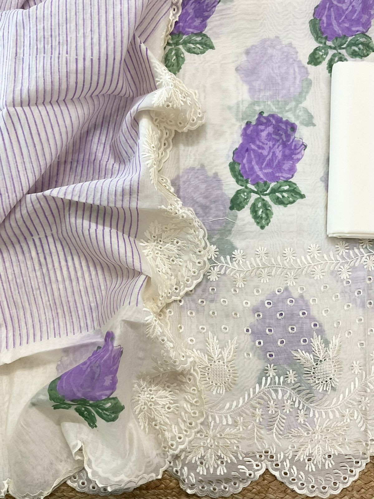 Pure Mul Chanderi Printed Embroidered Suit - Off White