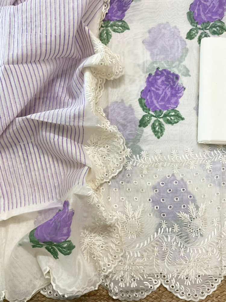 Image of Pure Mul Chanderi Printed Embroidered Suit - Off White