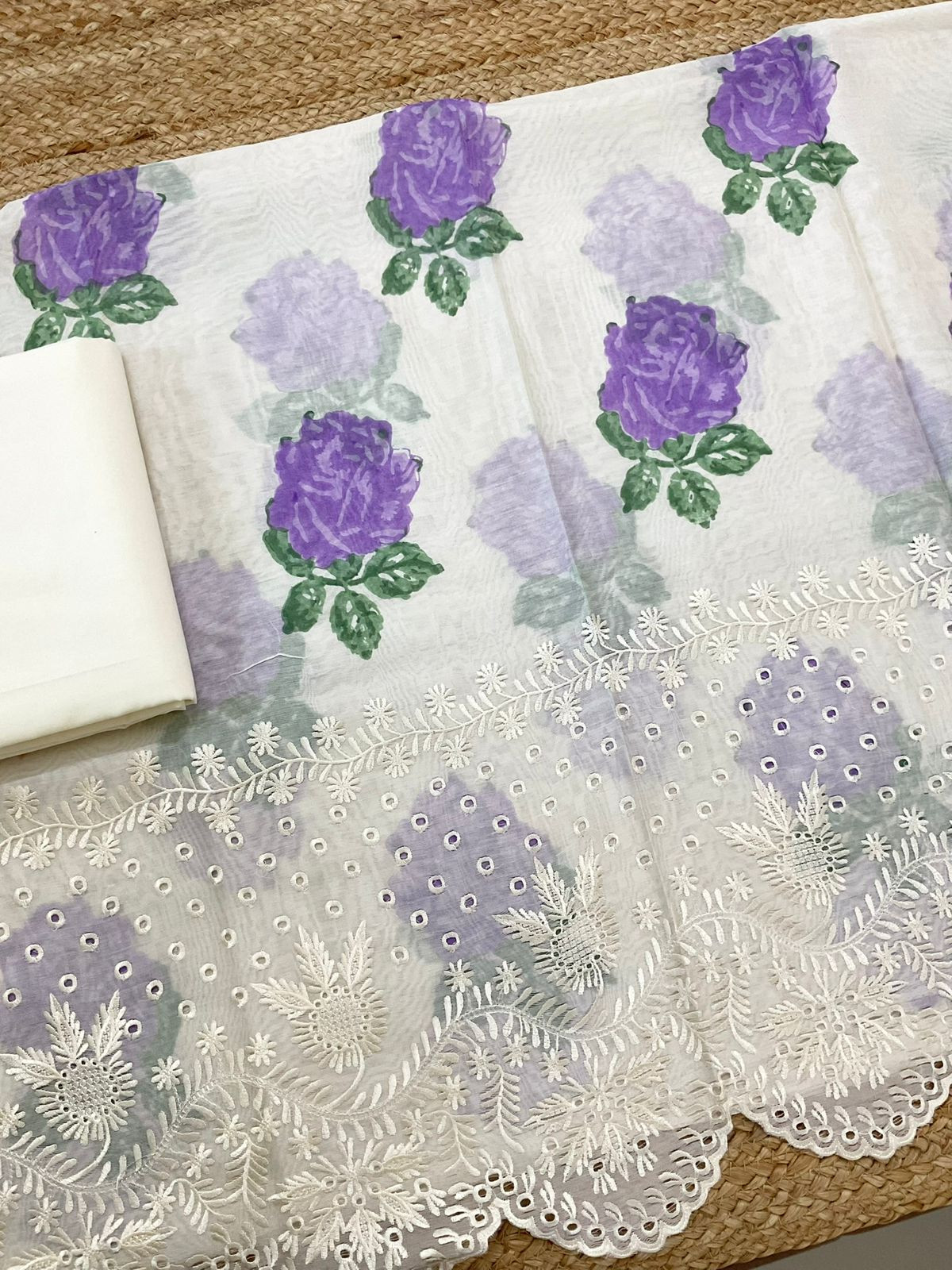 Pure Mul Chanderi Printed Embroidered Suit - Off White