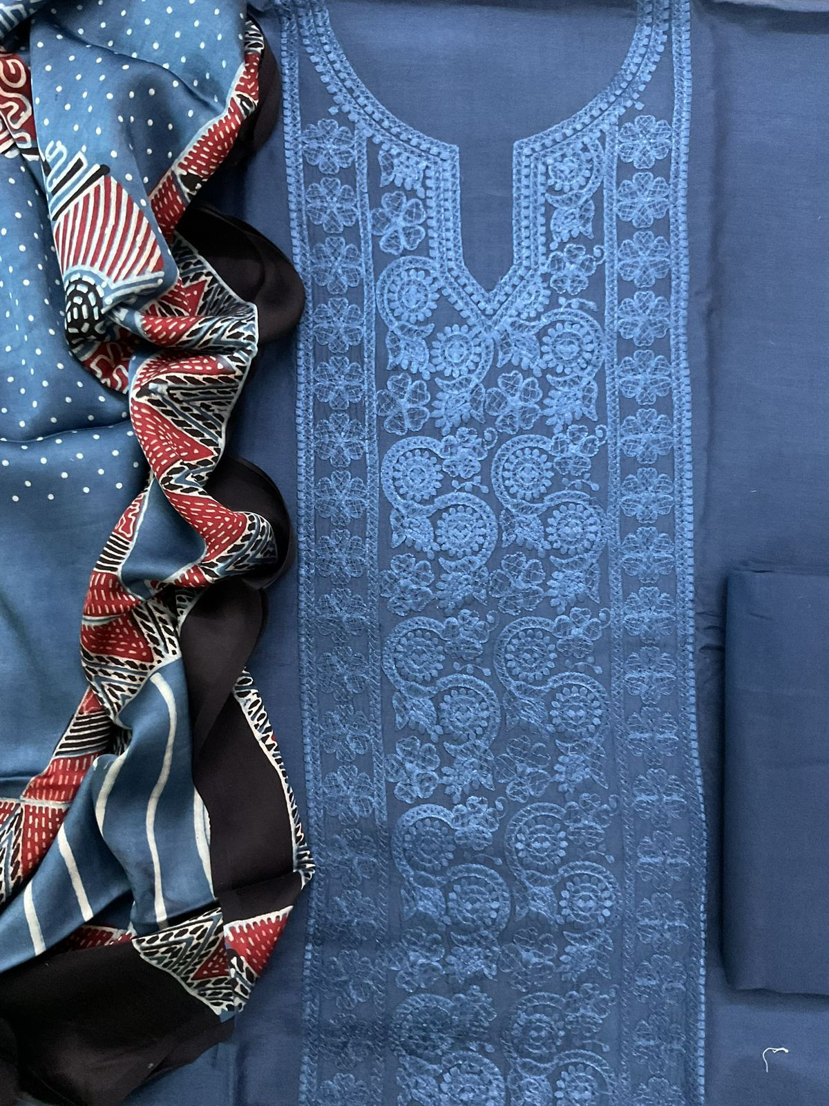 Pure Muslin Printed Embroidered Suit - Blue