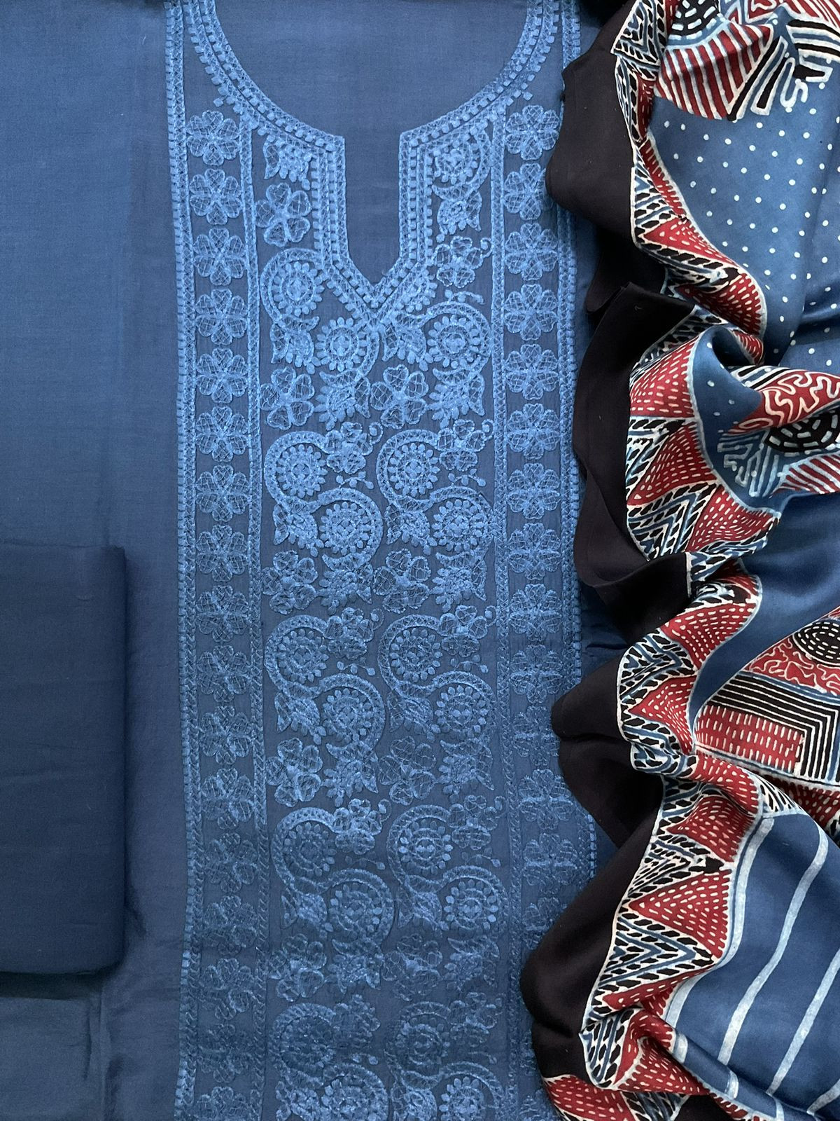 Pure Muslin Printed Embroidered Suit - Blue