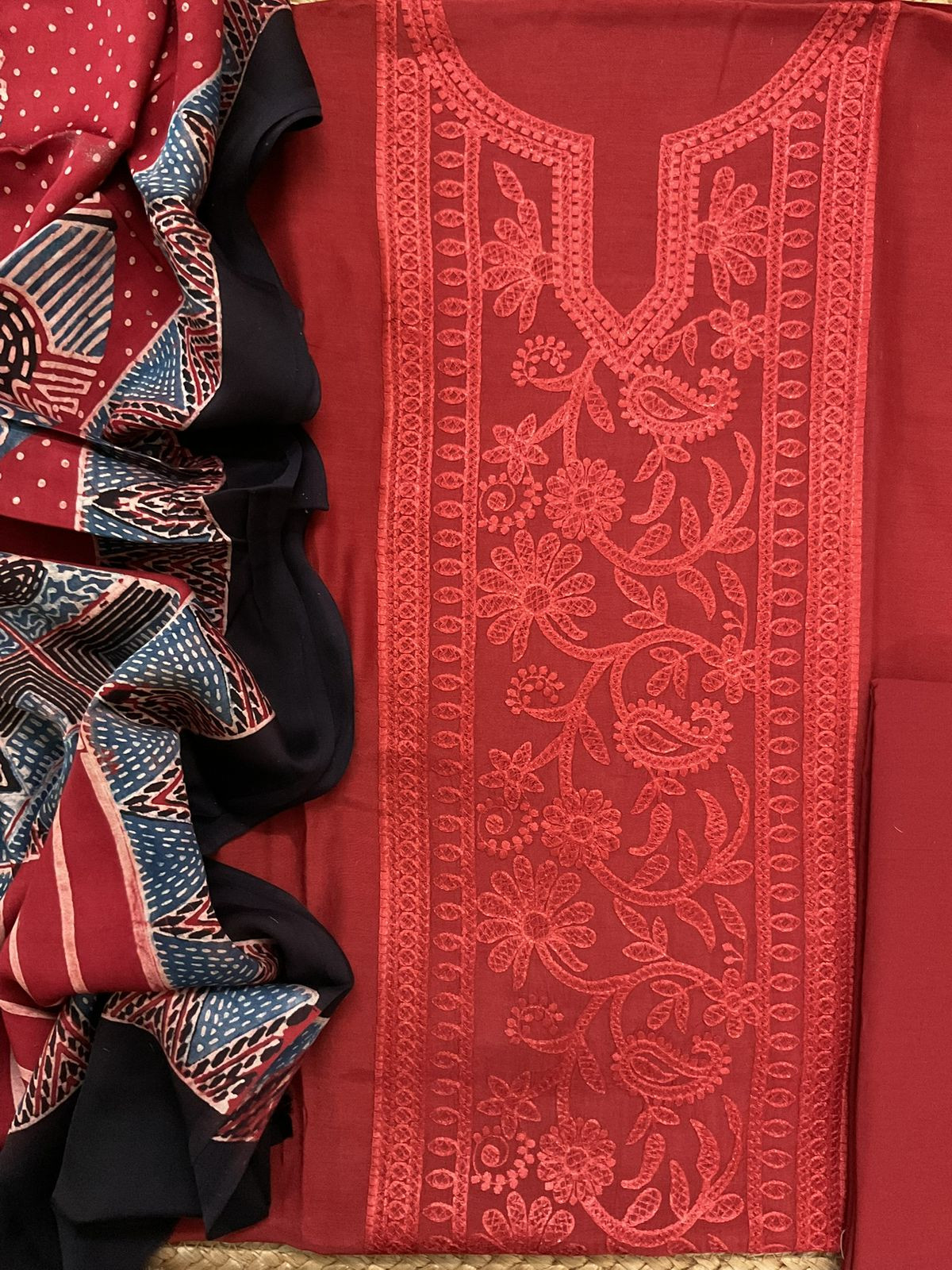 Pure Muslin Printed Embroidered Suit - Brick Red