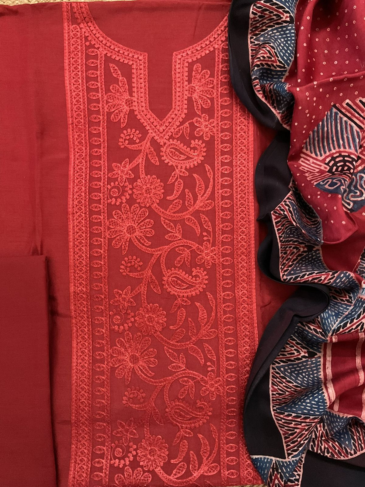 Pure Muslin Printed Embroidered Suit - Brick Red