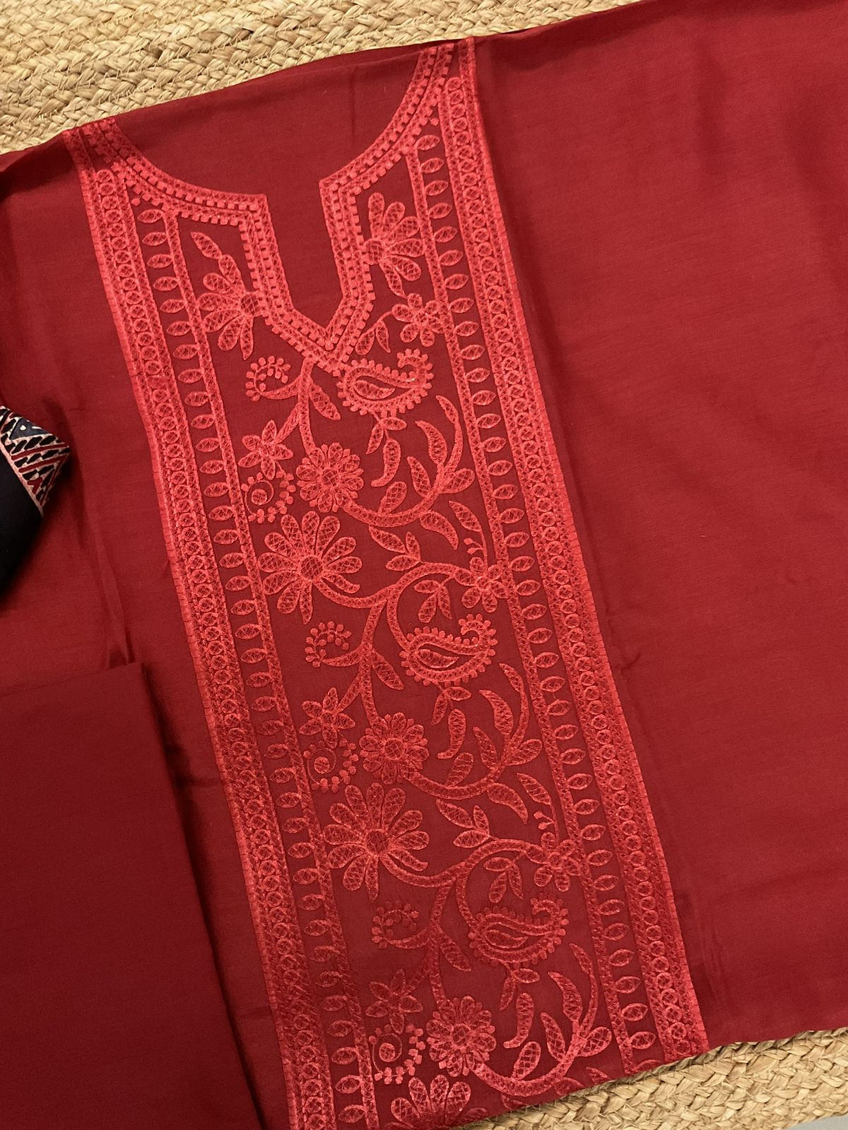 Pure Muslin Printed Embroidered Suit - Brick Red