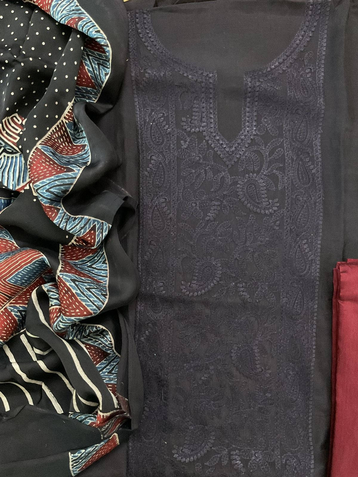Pure Muslin Printed Embroidered Suit - Black