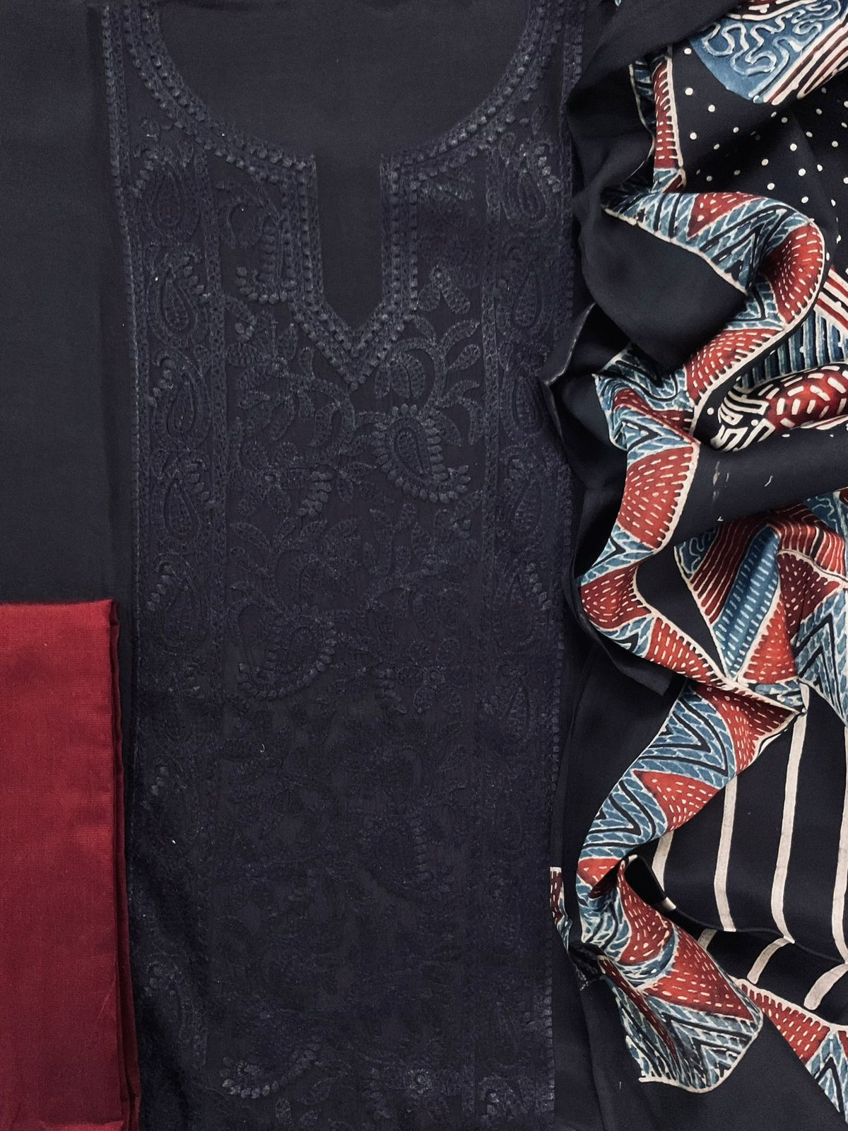Pure Muslin Printed Embroidered Suit - Black