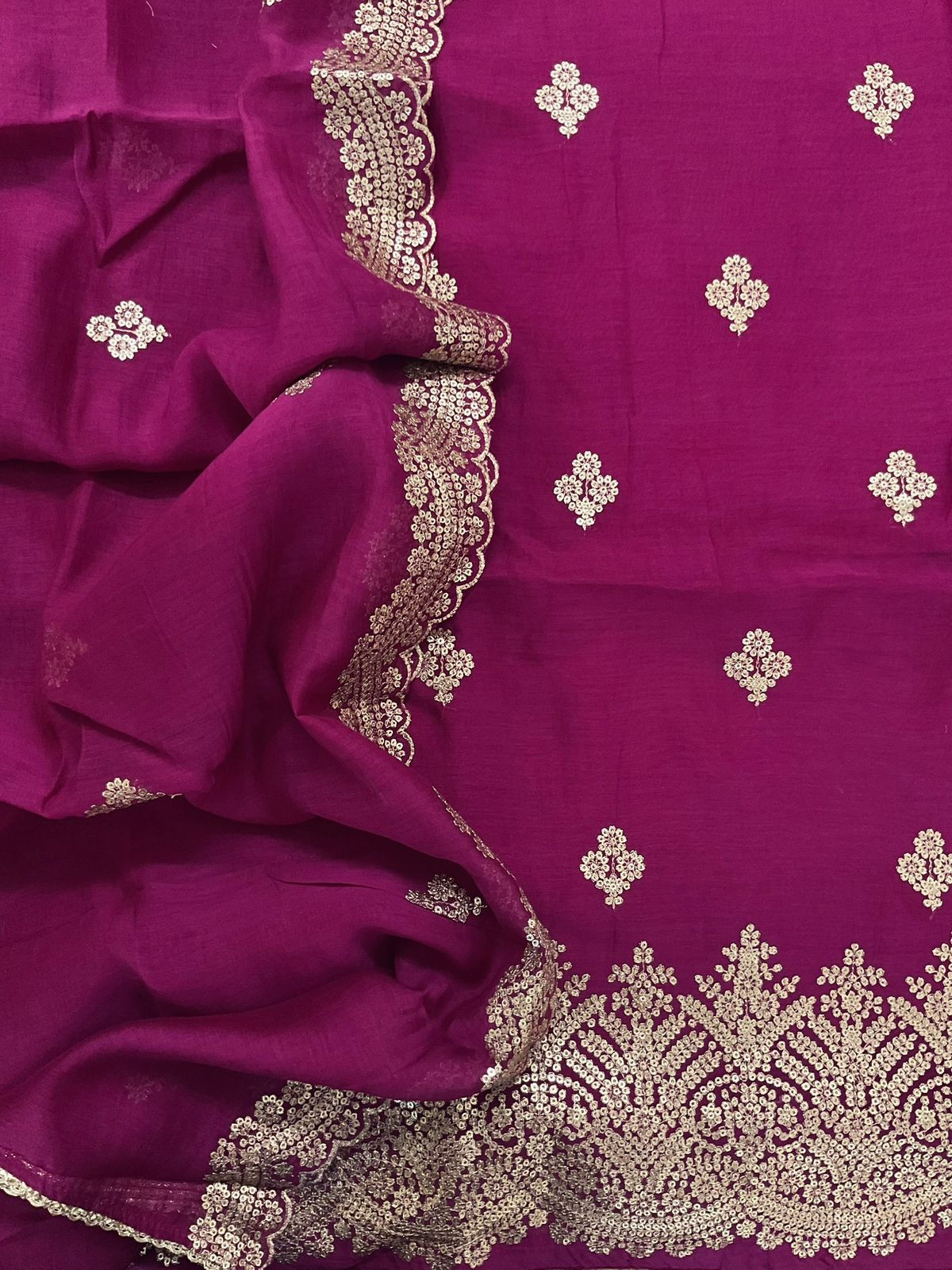 Pure Mul Chanderi Embroidered Suit - Magenta