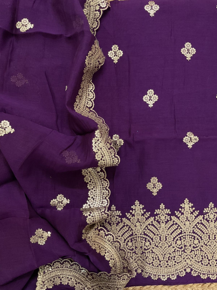 Image of Pure Mul Chanderi Embroidered Suit - Violet