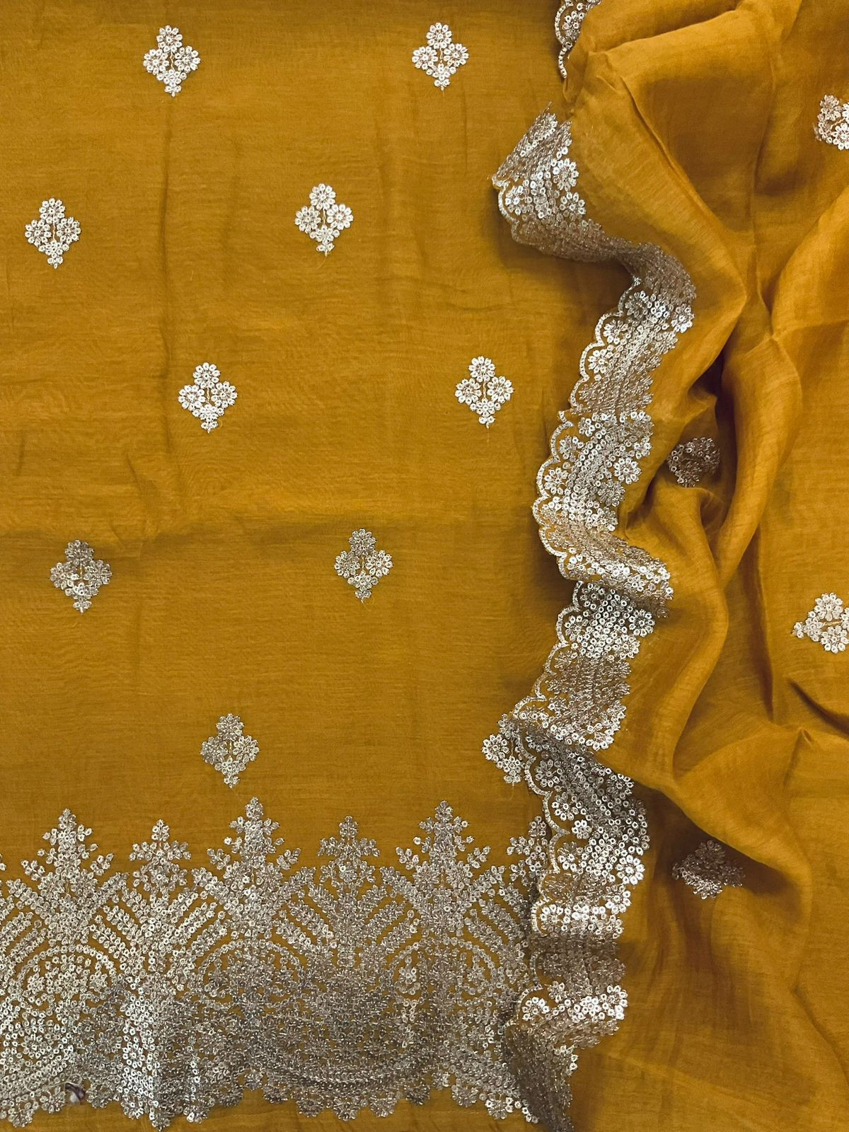 Pure Mul Chanderi Embroidered Suit - Yellow