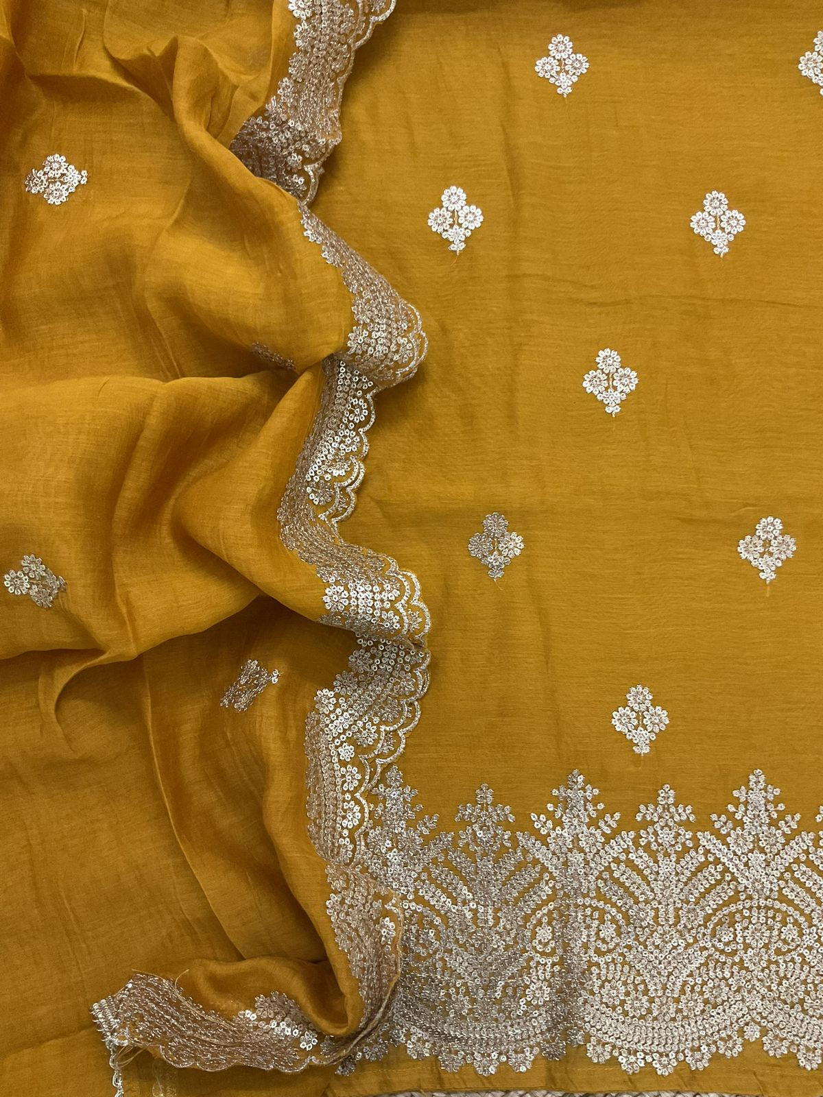 Pure Mul Chanderi Embroidered Suit - Yellow