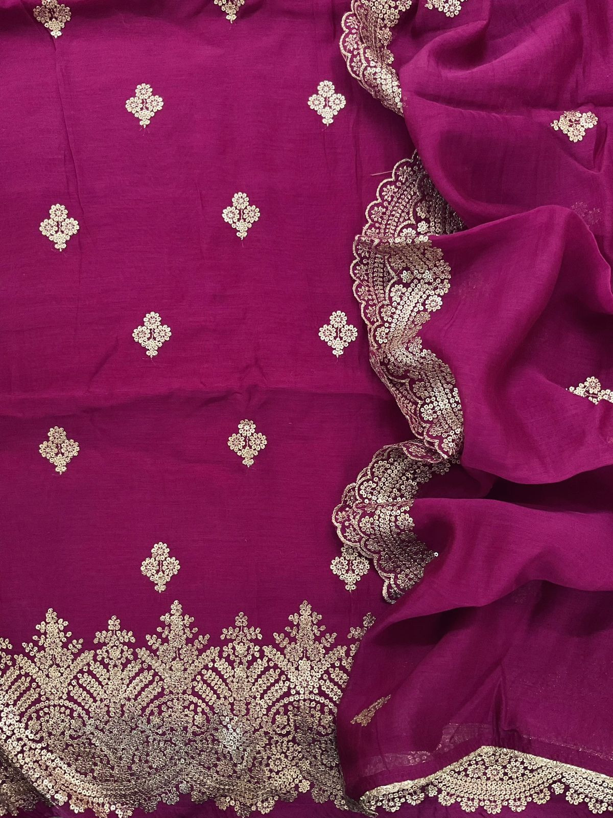 Pure Mul Chanderi Embroidered Suit - Magenta