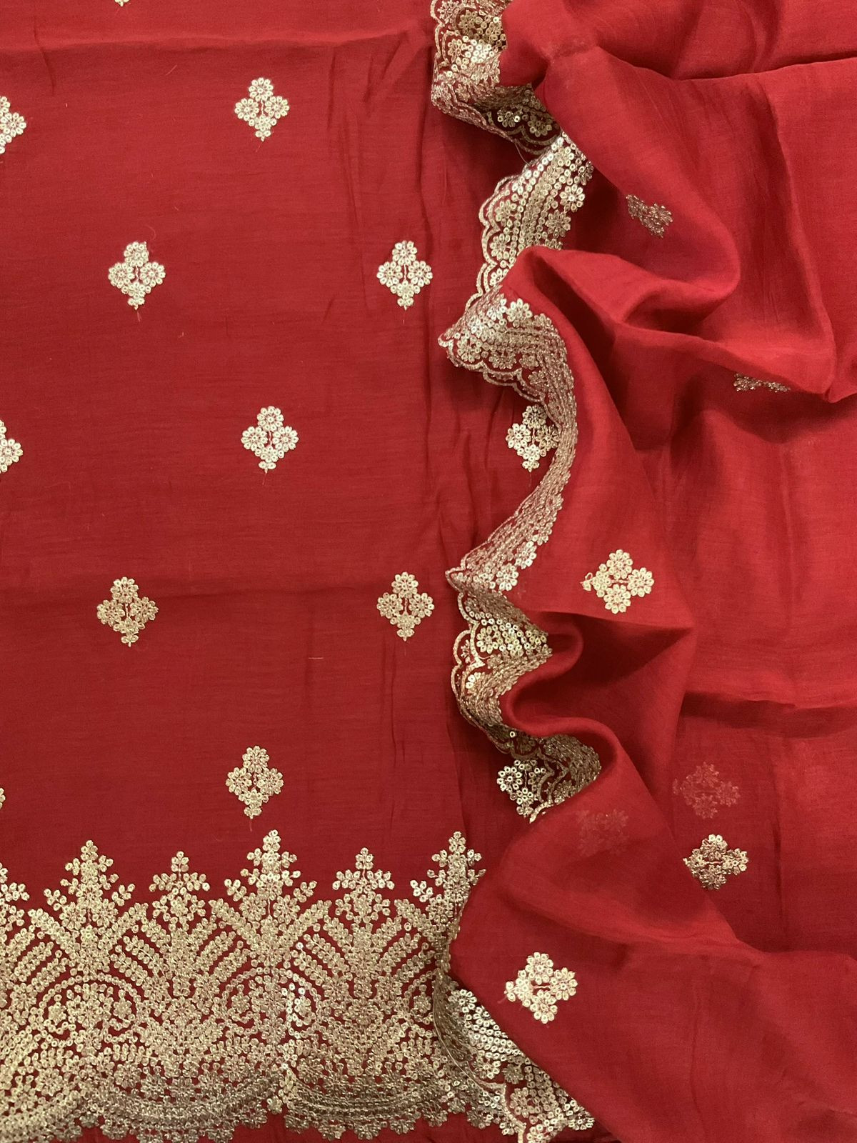Pure Mul Chanderi Embroidered Suit - Brick Red