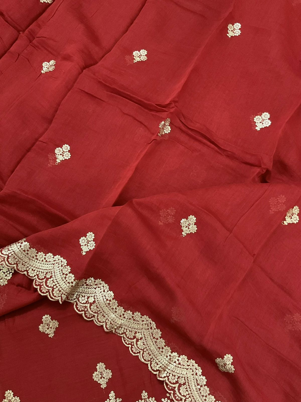 Pure Mul Chanderi Embroidered Suit - Brick Red