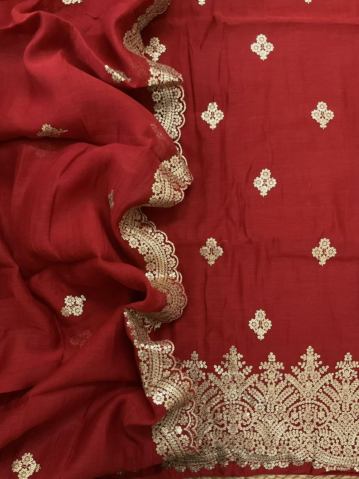 Pure Mul Chanderi Embroidered Suit - Brick Red