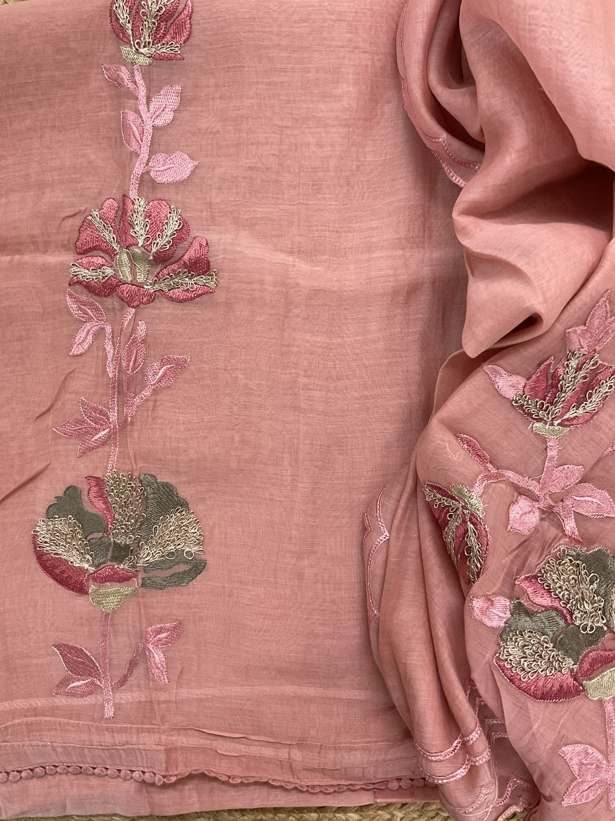 Pure Mul Chanderi Embroidered Suit - Peach