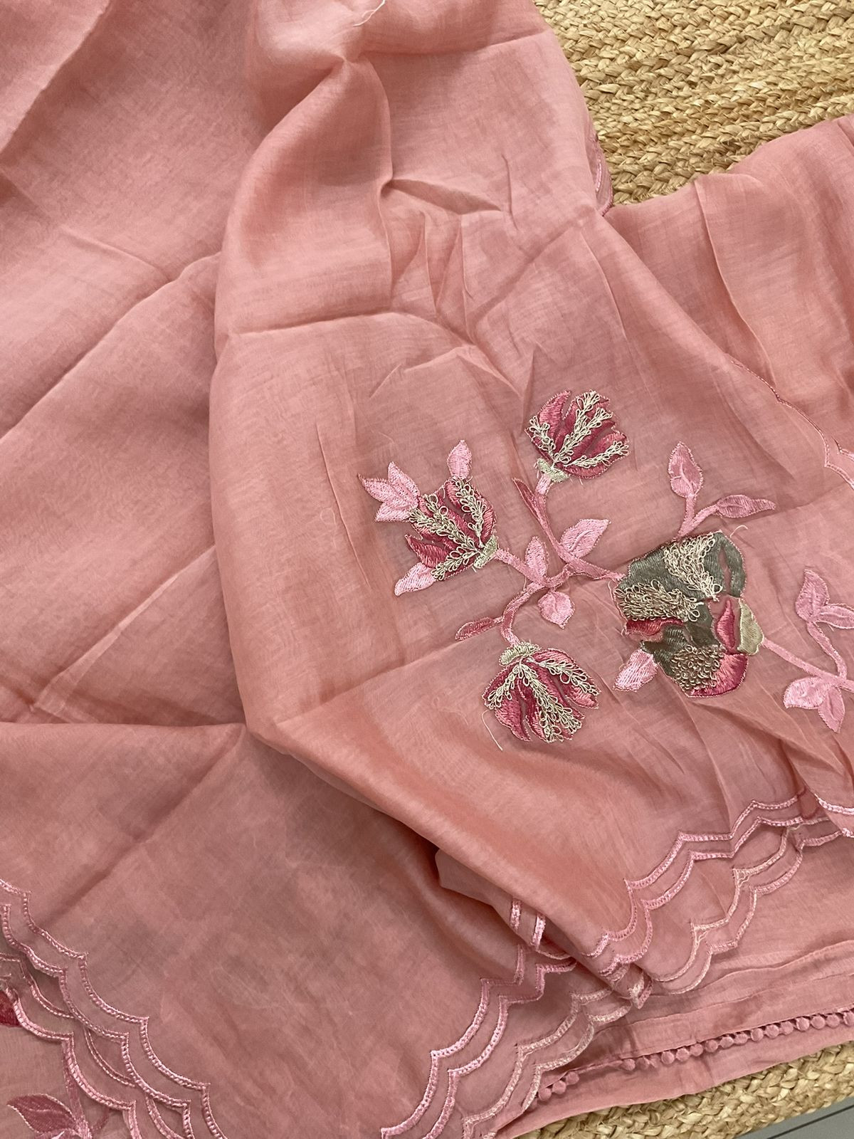 Pure Mul Chanderi Embroidered Suit - Peach