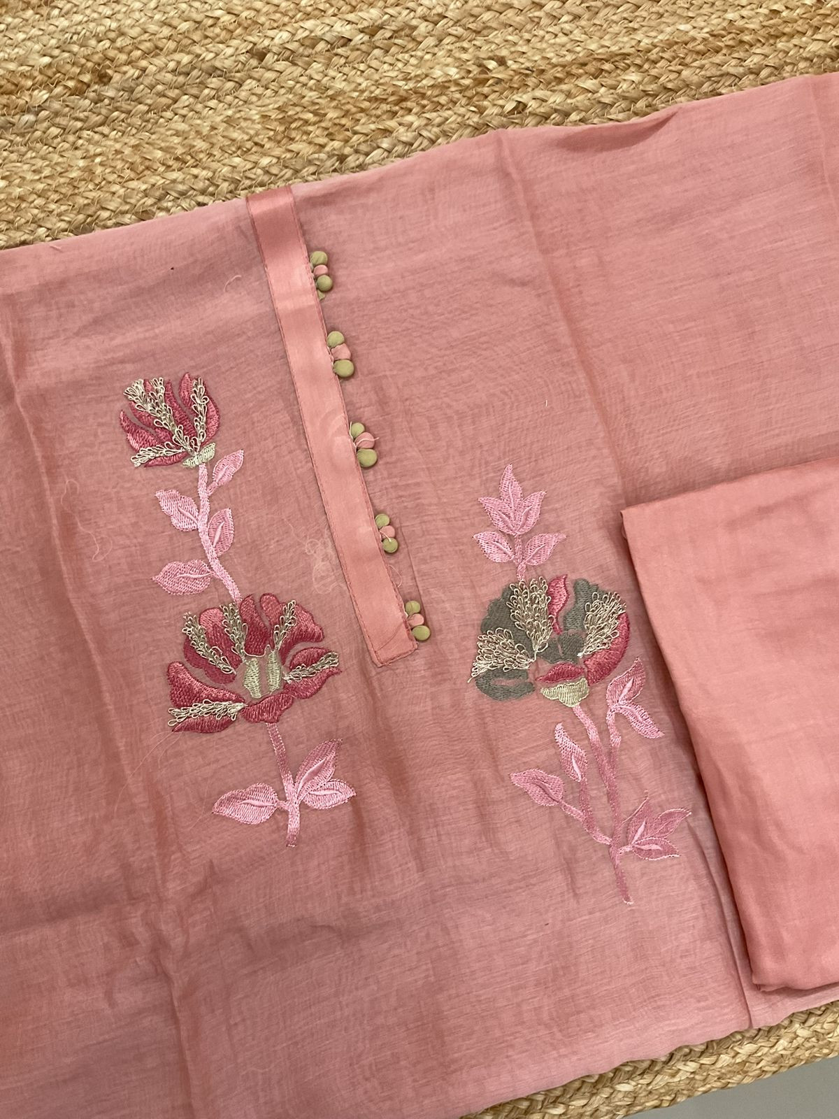 Pure Mul Chanderi Embroidered Suit - Peach