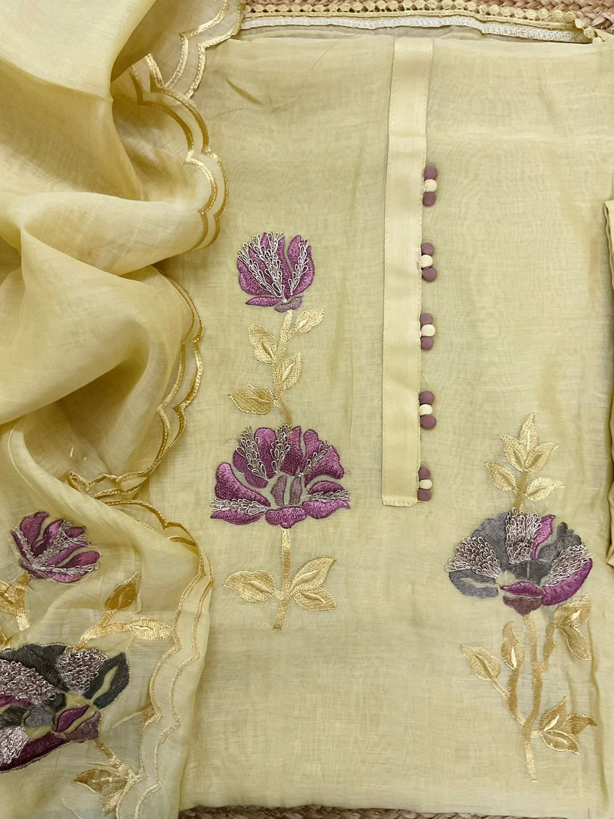 Pure Mul Chanderi Embroidered Suit - Yellow
