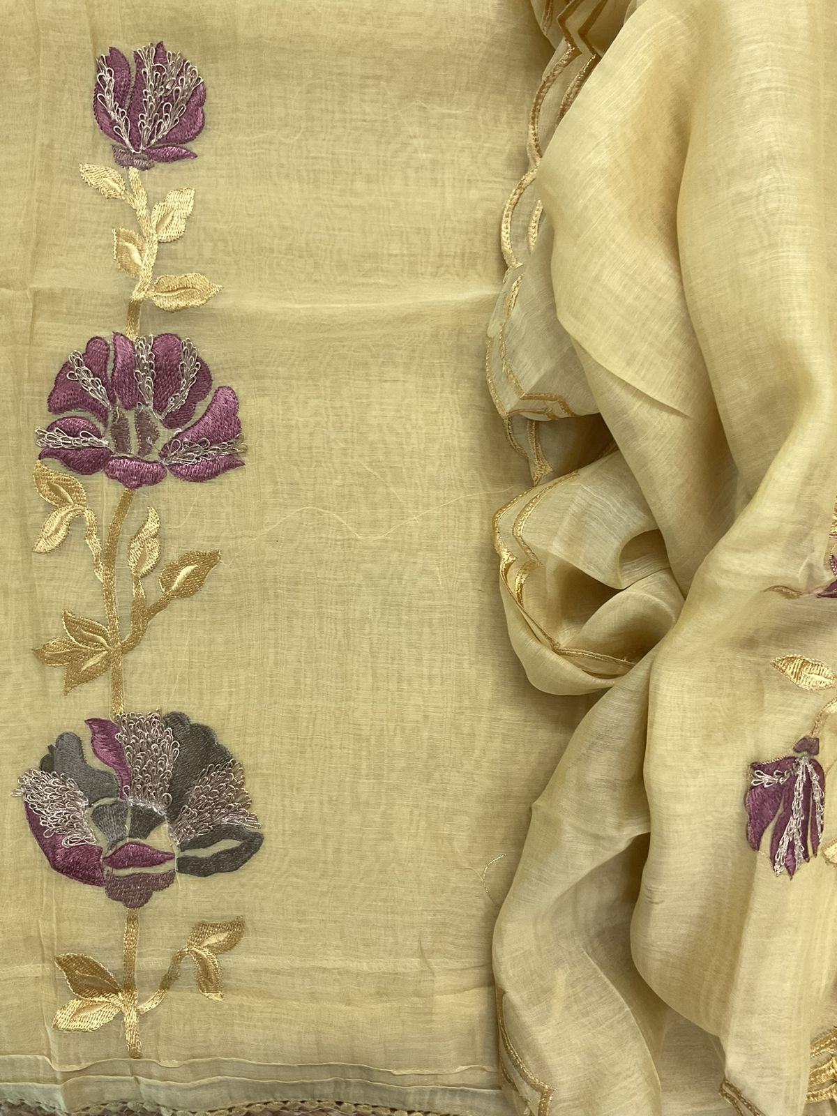 Pure Mul Chanderi Embroidered Suit - Yellow