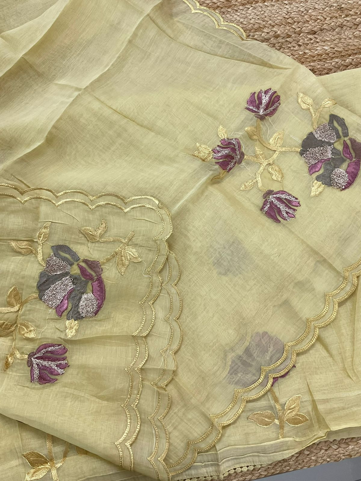 Pure Mul Chanderi Embroidered Suit - Yellow