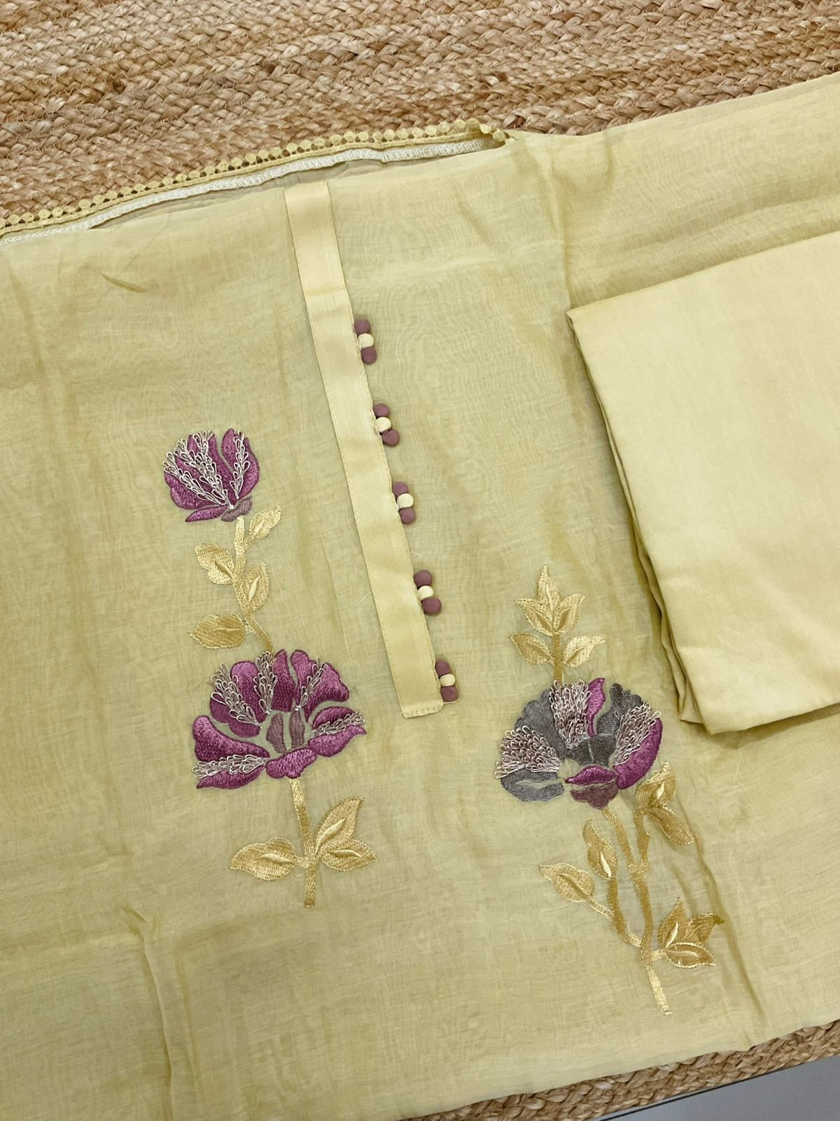 Pure Mul Chanderi Embroidered Suit - Yellow