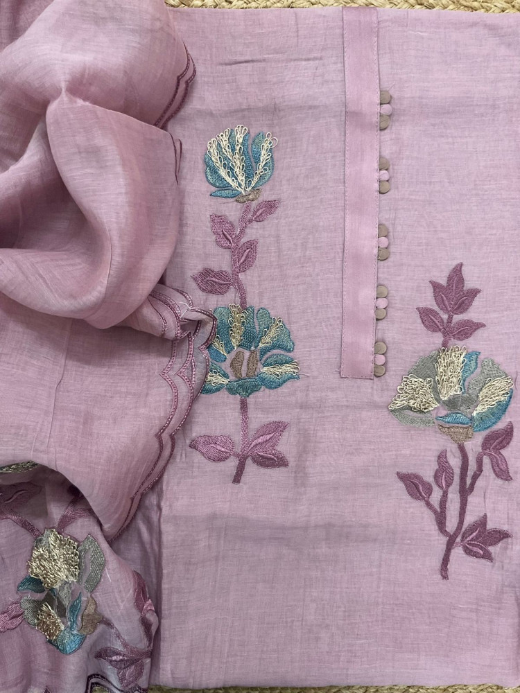 Image of Pure Mul Chanderi Embroidered Suit - Mauve