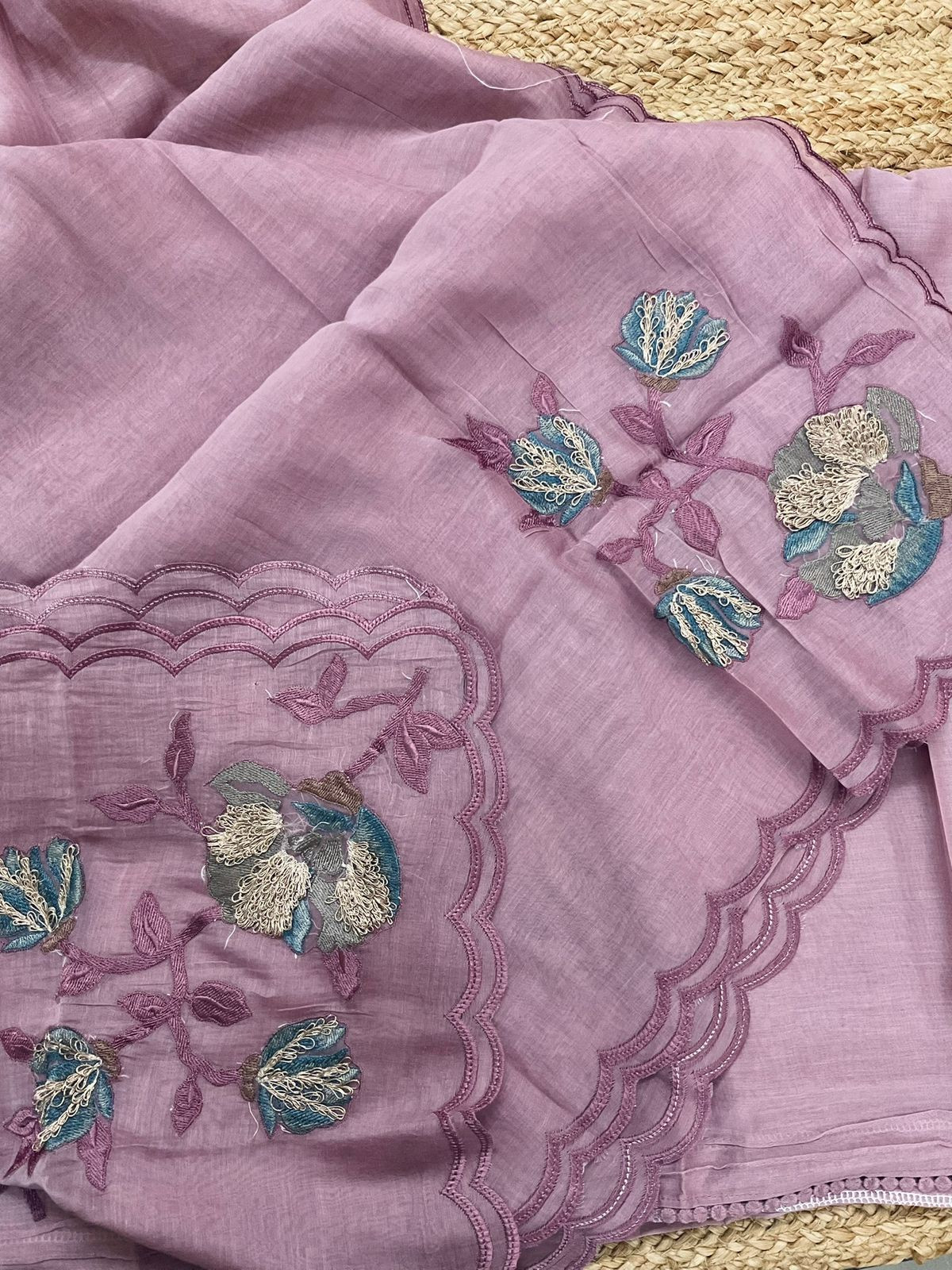 Pure Mul Chanderi Embroidered Suit - Mauve