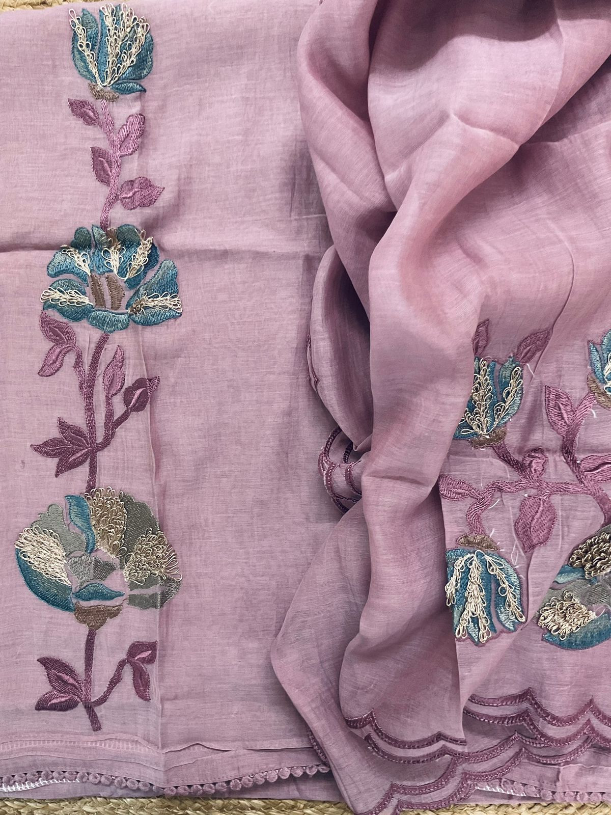 Pure Mul Chanderi Embroidered Suit - Mauve