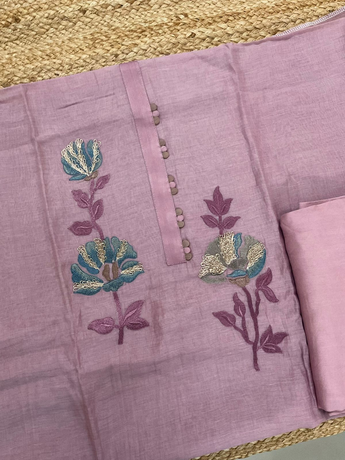 Pure Mul Chanderi Embroidered Suit - Mauve