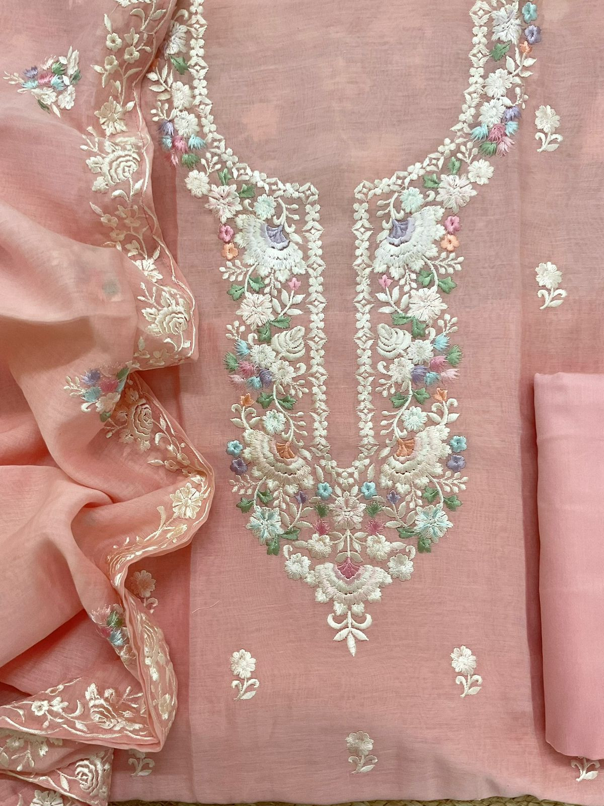 Pure Mul Chanderi Embroidered Suit - Peach
