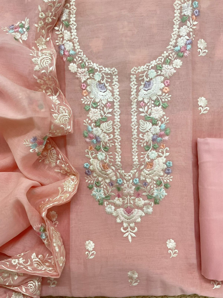 Image of Pure Mul Chanderi Embroidered Suit - Peach