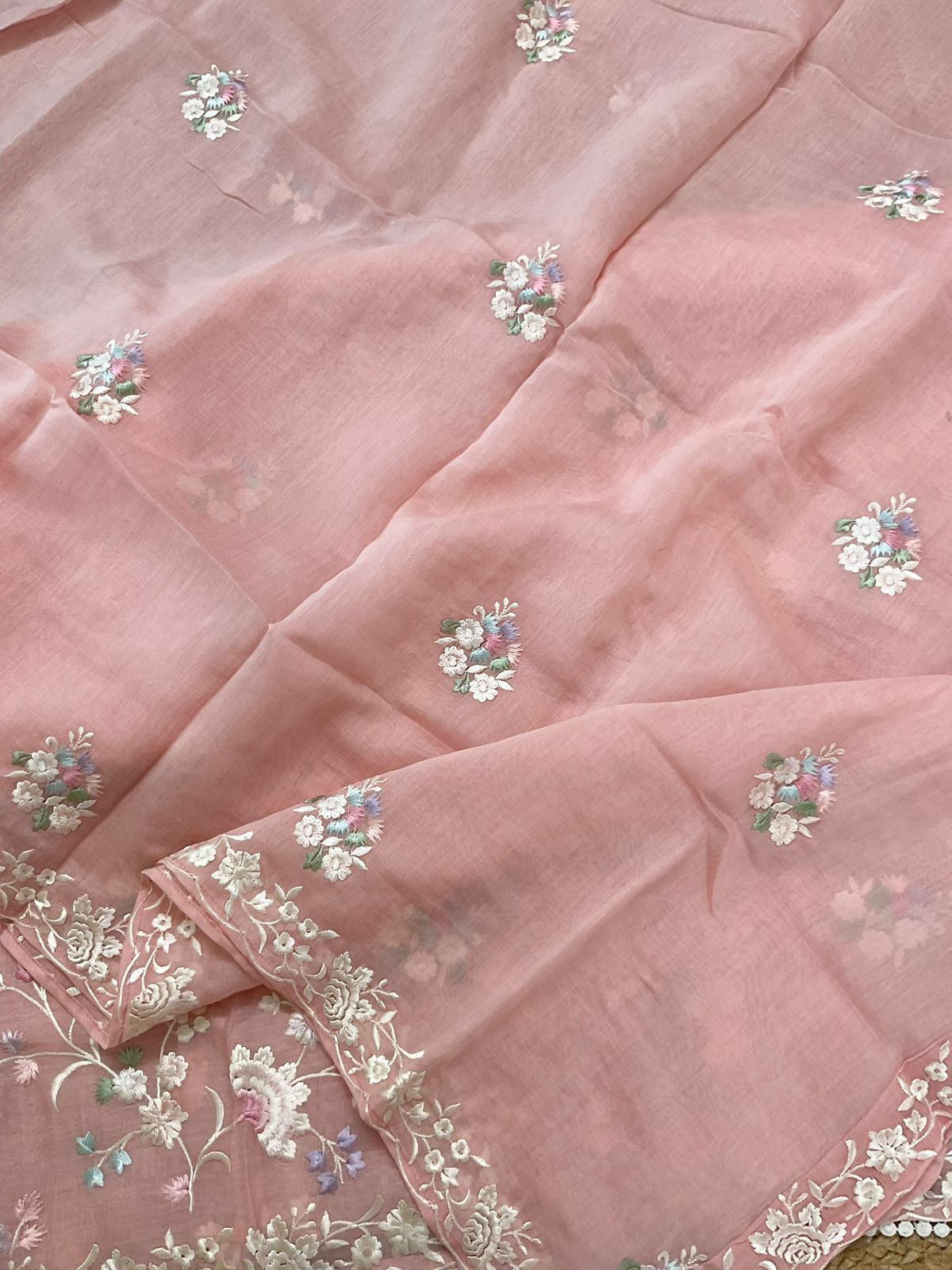 Pure Mul Chanderi Embroidered Suit - Peach