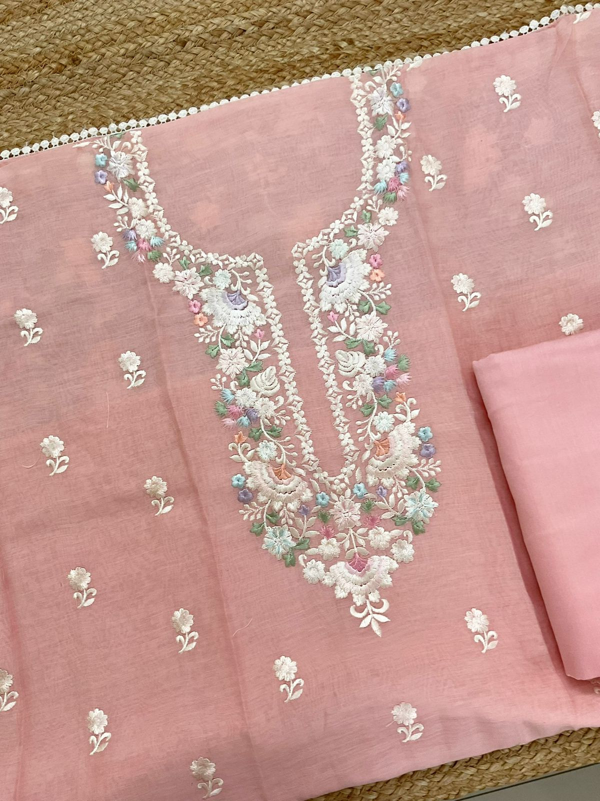Pure Mul Chanderi Embroidered Suit - Peach