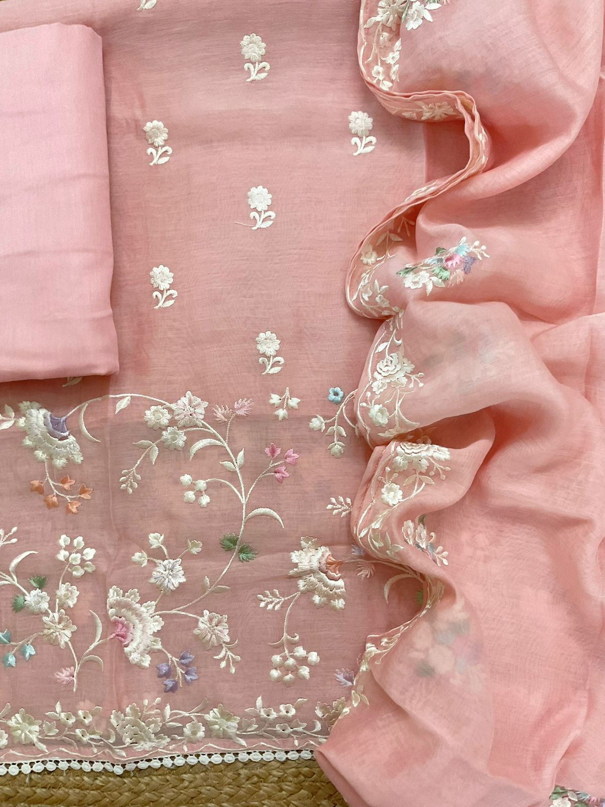 Pure Mul Chanderi Embroidered Suit - Peach