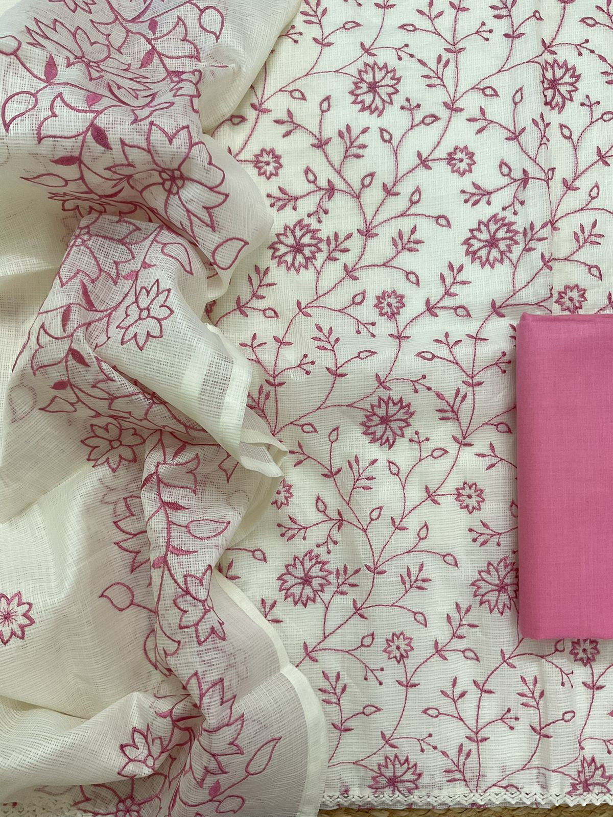 Soft Kota Silk Embroidered Suit - Off White