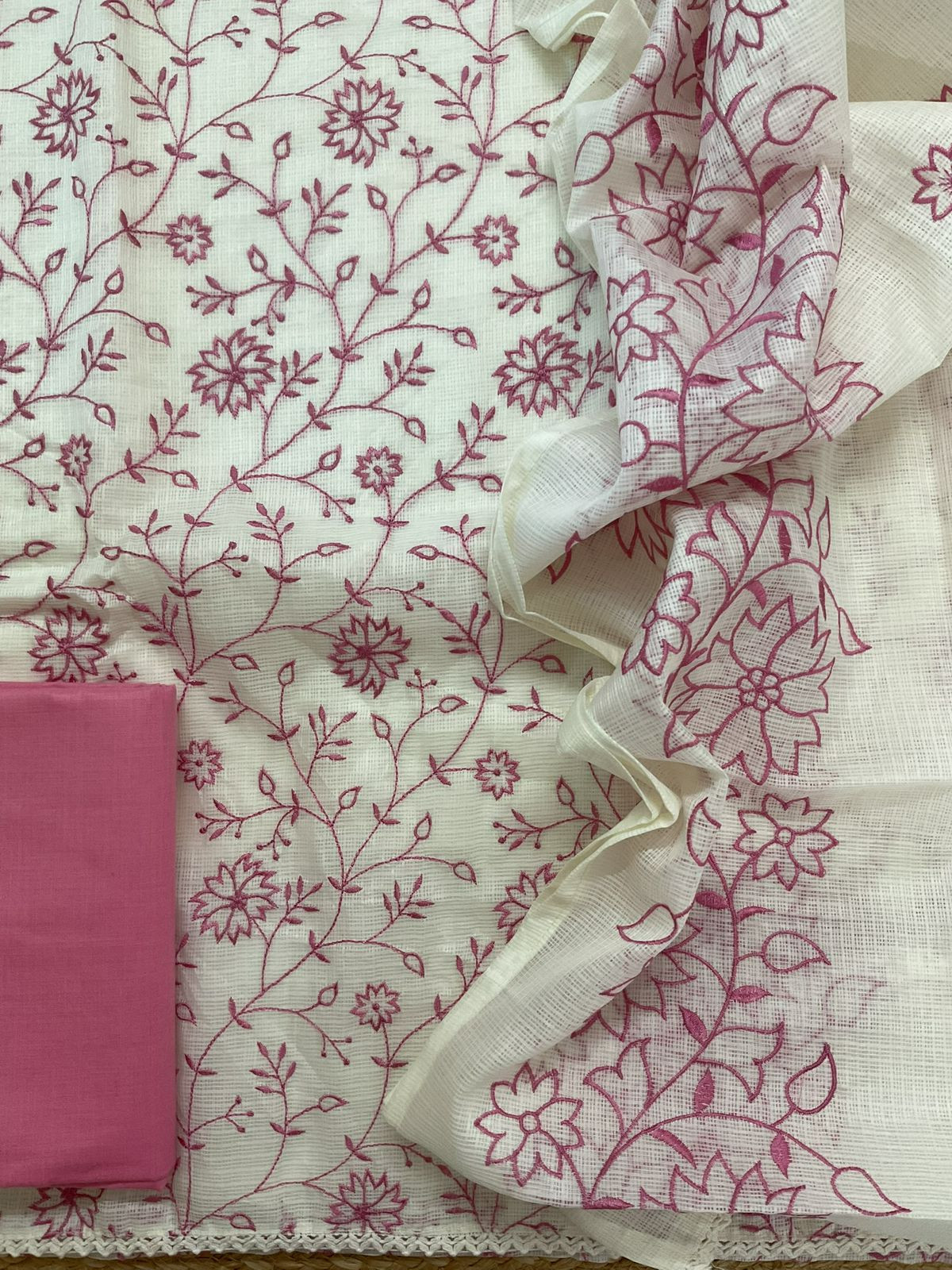 Soft Kota Silk Embroidered Suit - Off White
