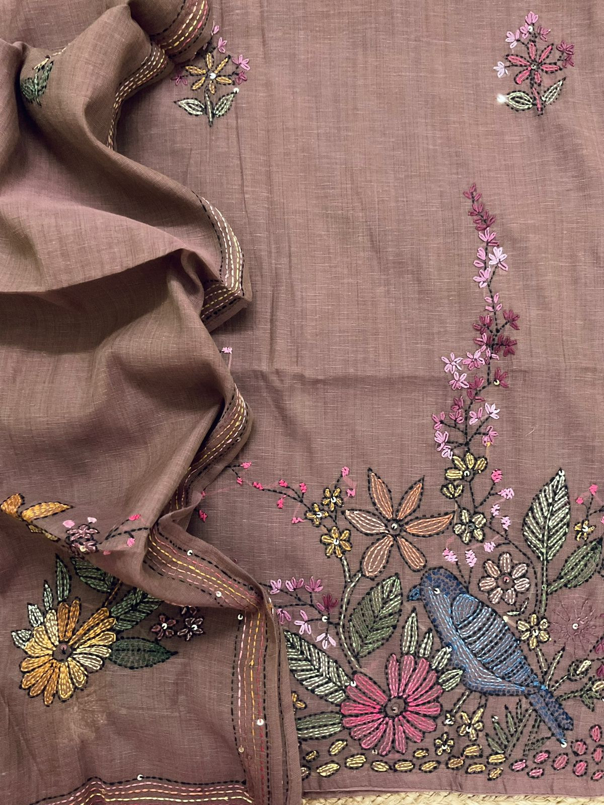 Pure Linen Slub Cotton Kantha Work Suit - Pinkish Brown