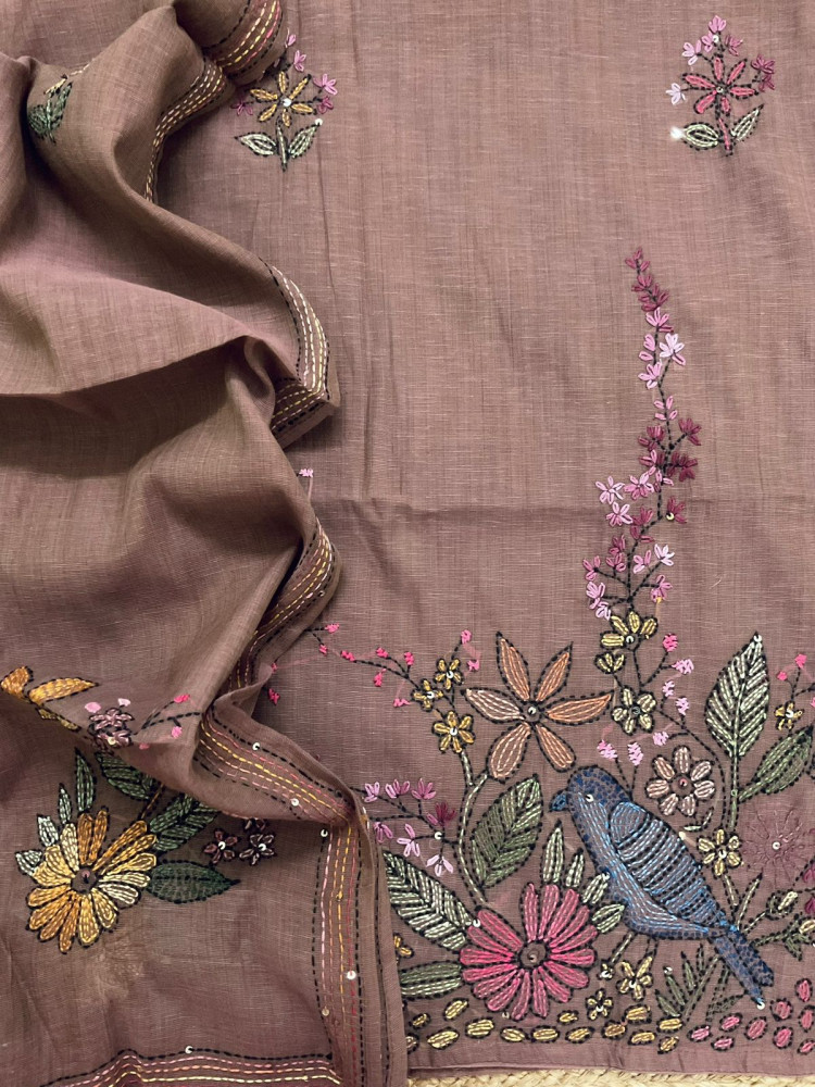 Image of Pure Linen Slub Cotton Kantha Work Suit - Pinkish Brown