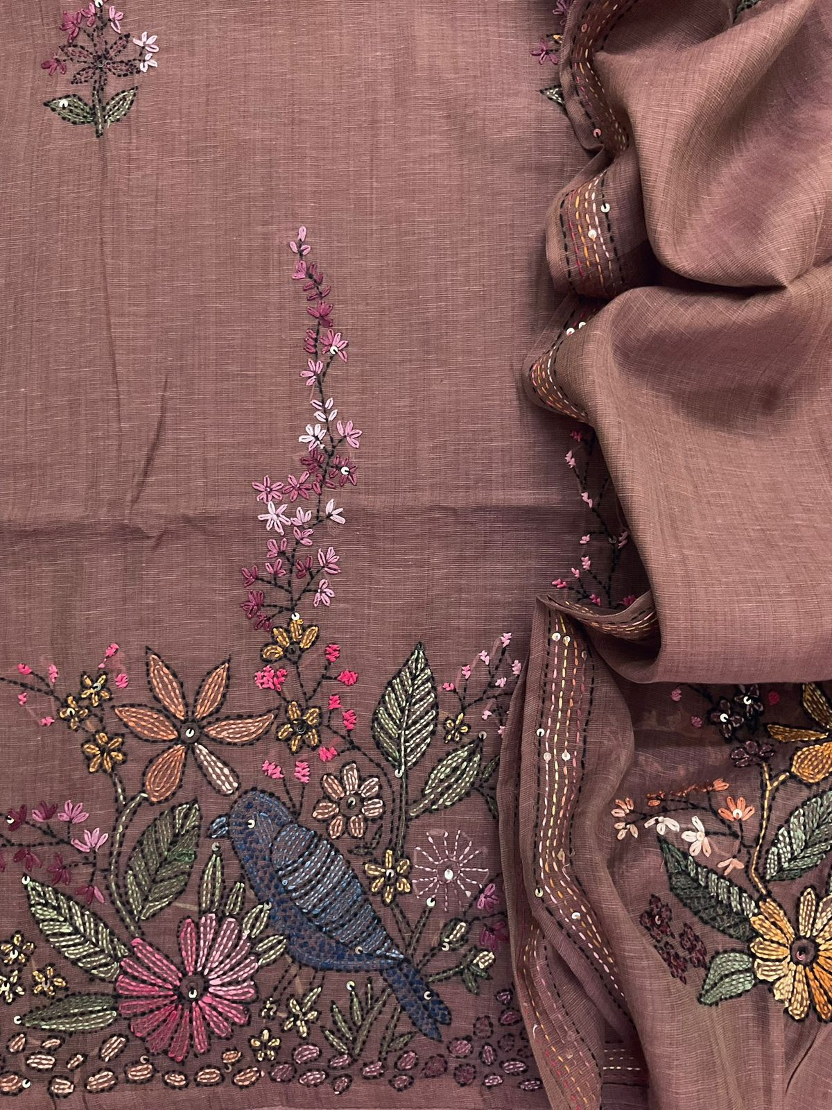 Pure Linen Slub Cotton Kantha Work Suit - Pinkish Brown